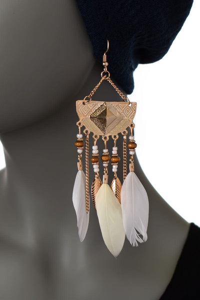Geometric Long Drop Feather Earrings