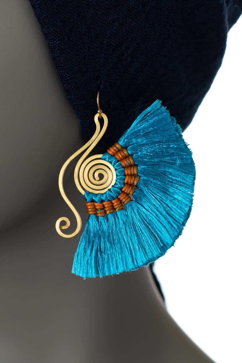 Bohemian fan shape turquoise tassel earrings - awatara