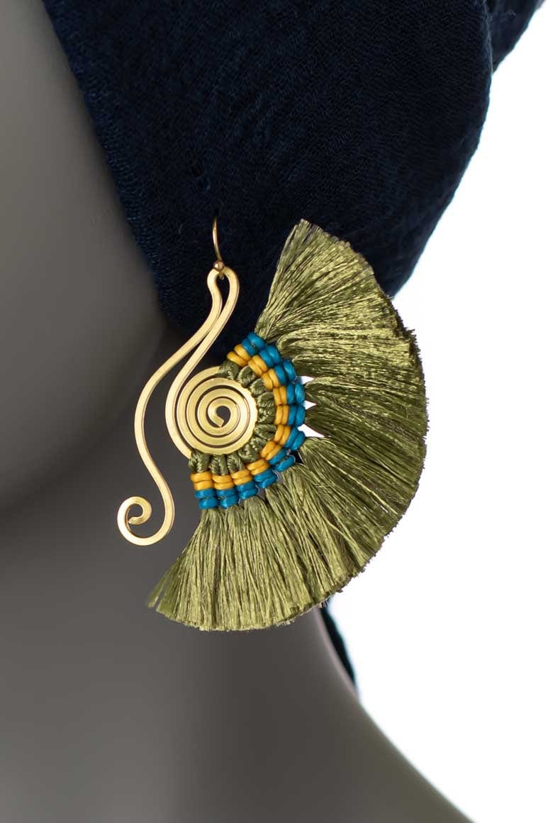 Bohemian fan shape  green tassel earrings