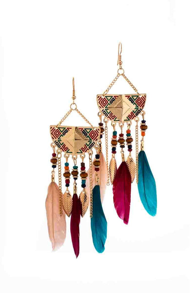 Geometric Long Drop Feather Earrings