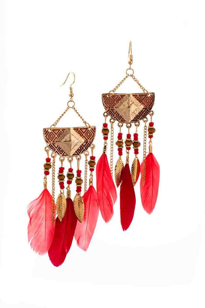 Geometric Long Drop Feather Earrings