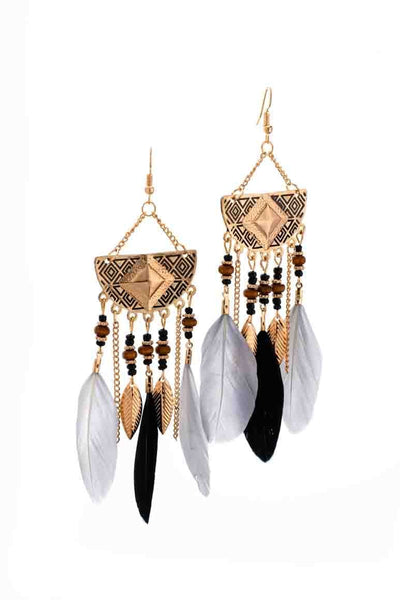 Geometric Long Drop Feather Earrings