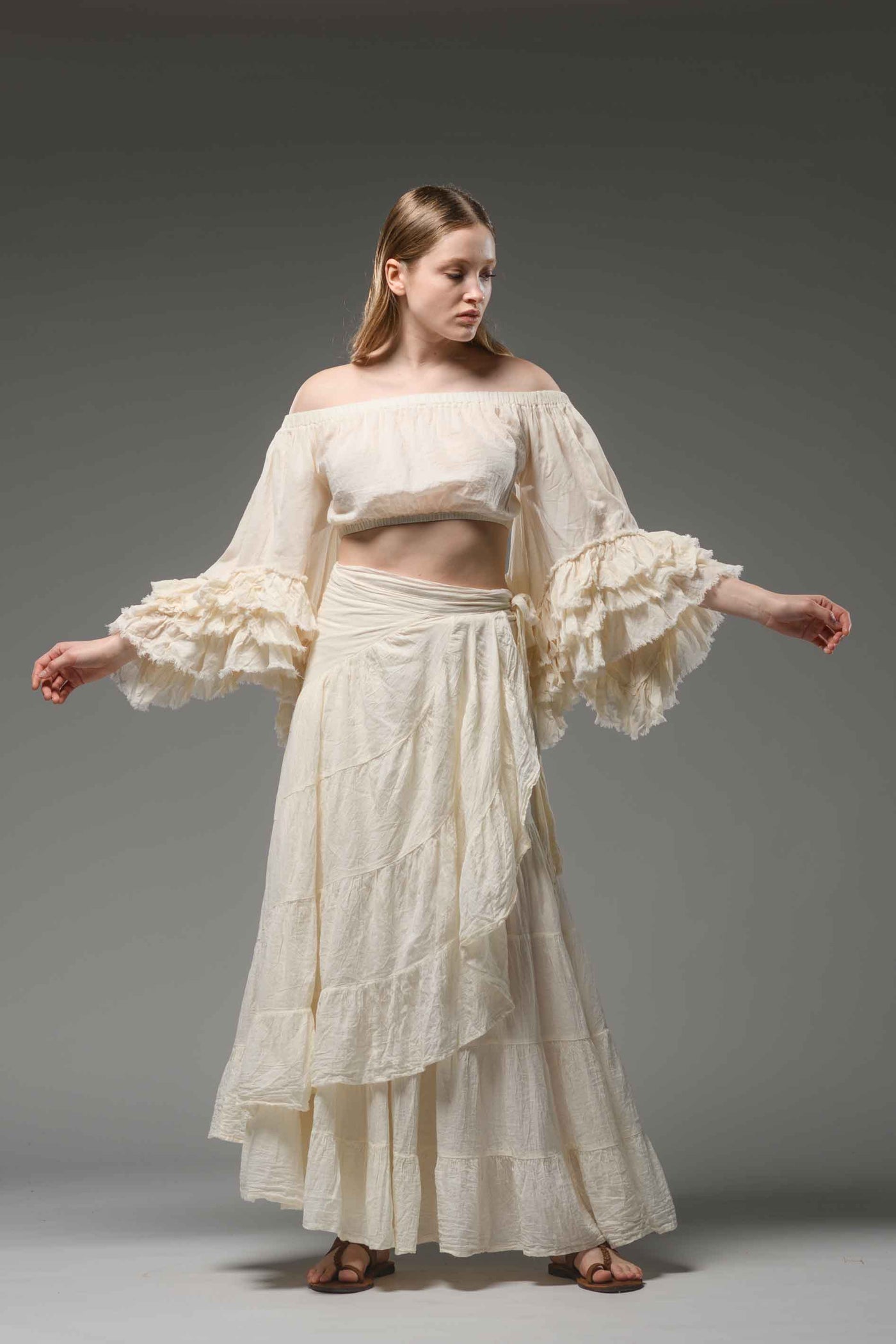 bohemian chic off white cotton half ruffled sleeve top crop
