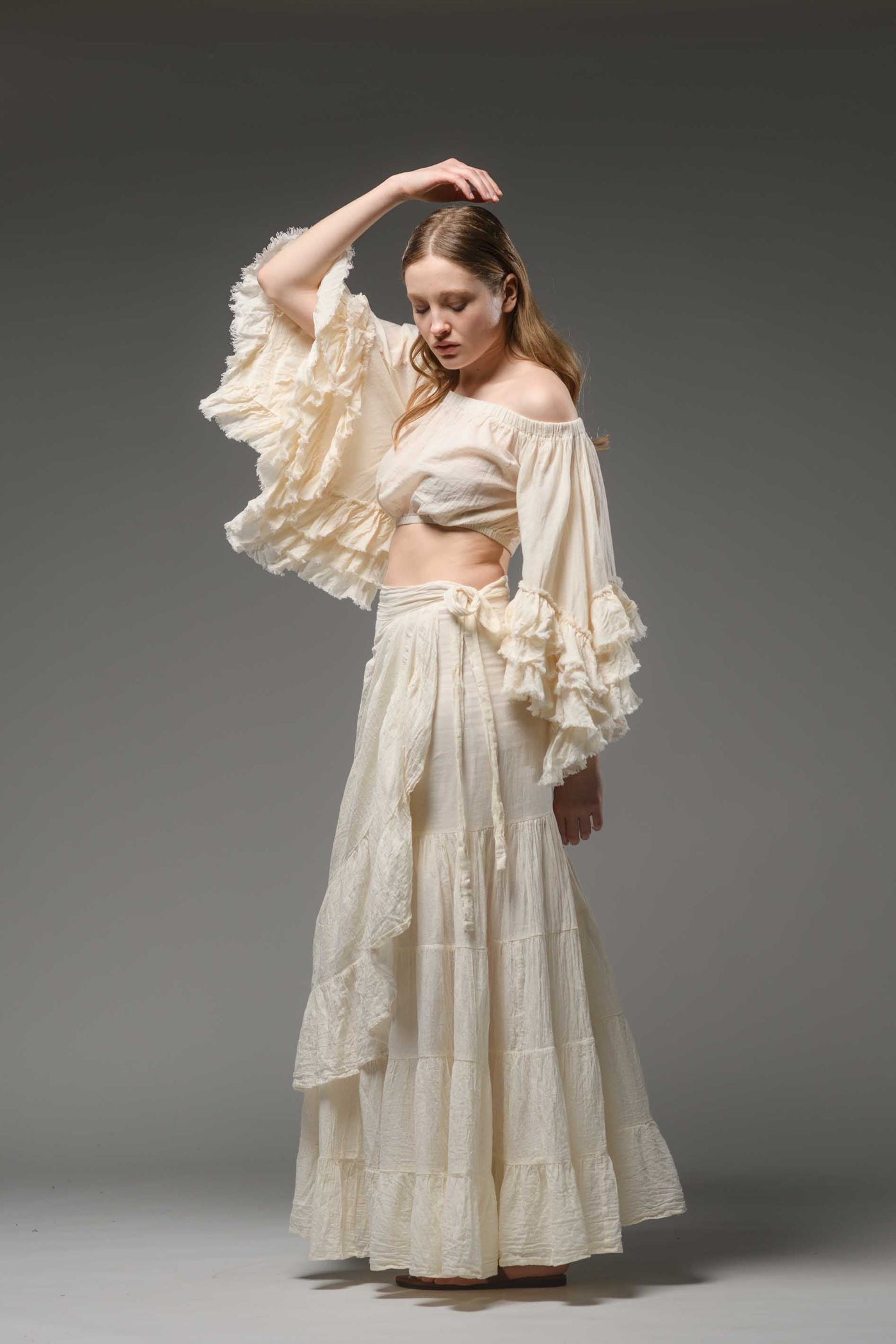bohemian chic off white cotton half ruffled sleeve top crop