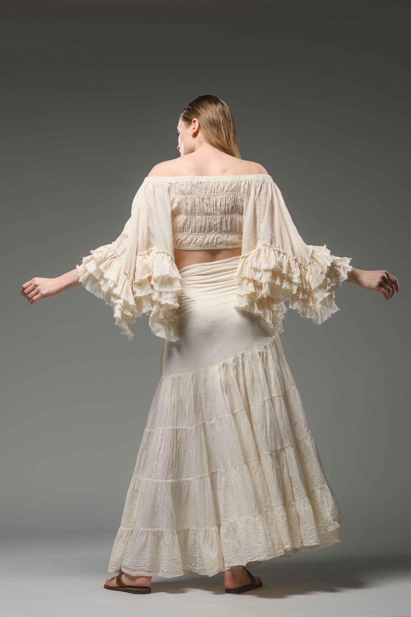 bohemian chic off white cotton half ruffled sleeve top crop