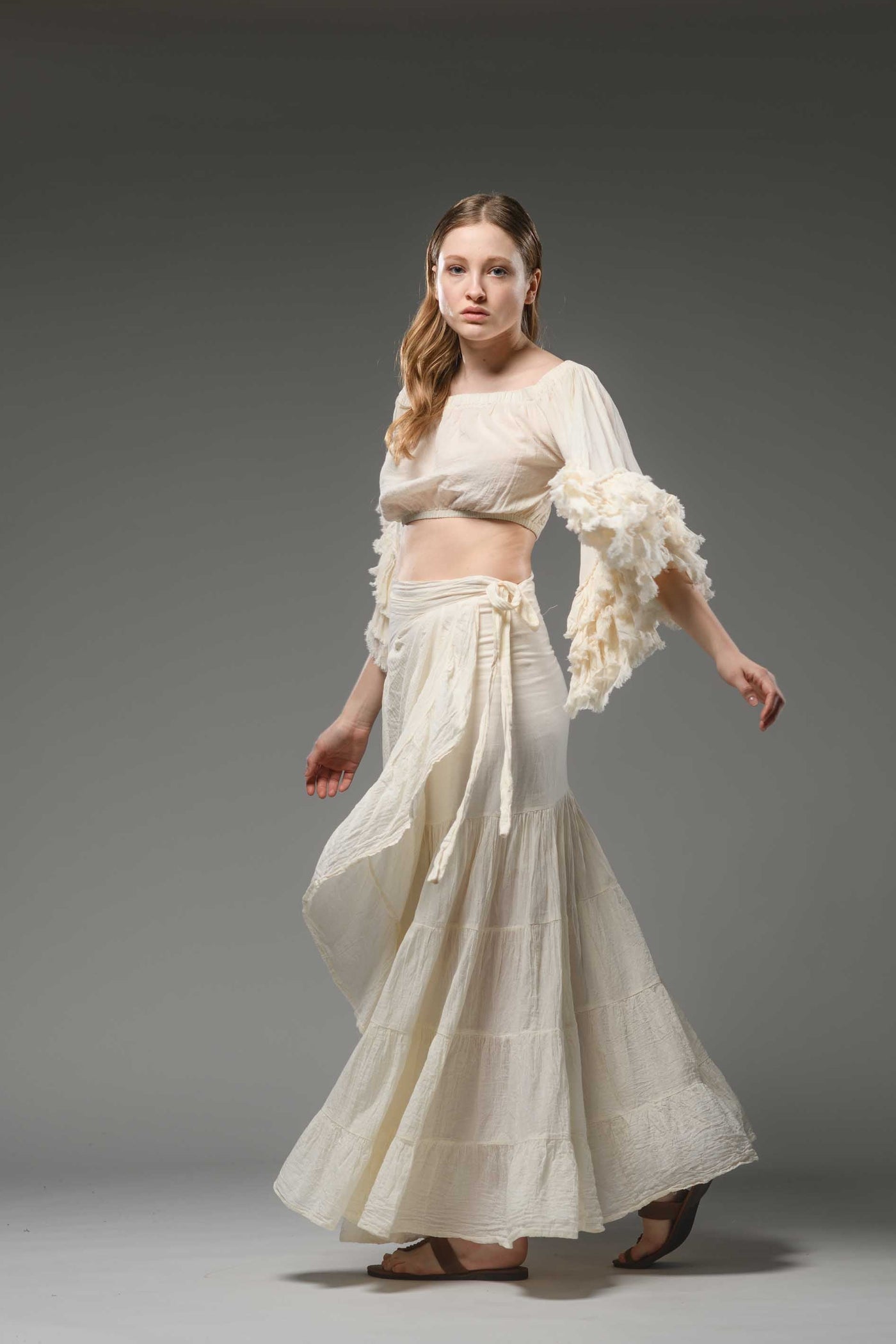bohemian chic off white cotton half ruffled sleeve top crop