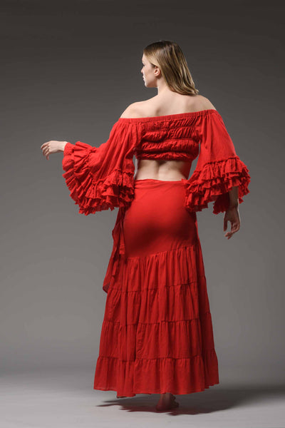 bohemian chic red cotton half ruffled sleeve top crop