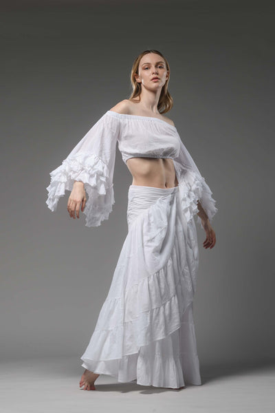 bohemian chic white cotton half ruffled sleeve top crop