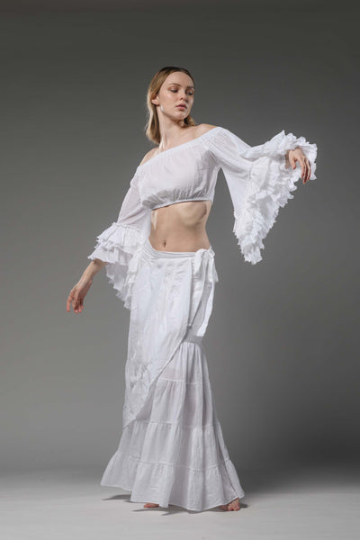 bohemian chic white cotton half ruffled sleeve top crop