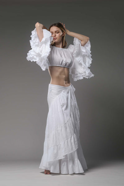 bohemian chic white cotton half ruffled sleeve top crop