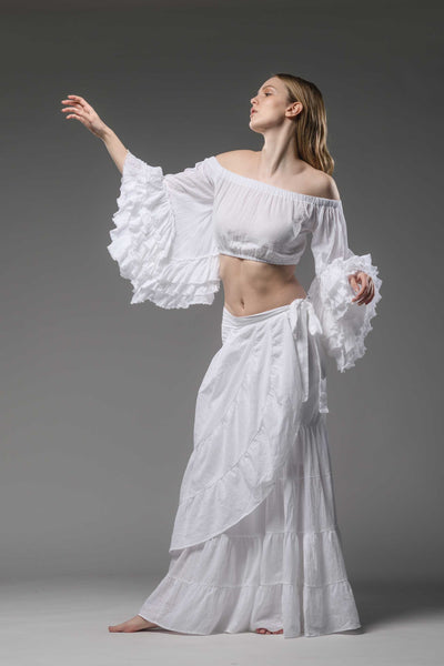 bohemian chic white cotton half ruffled sleeve top crop