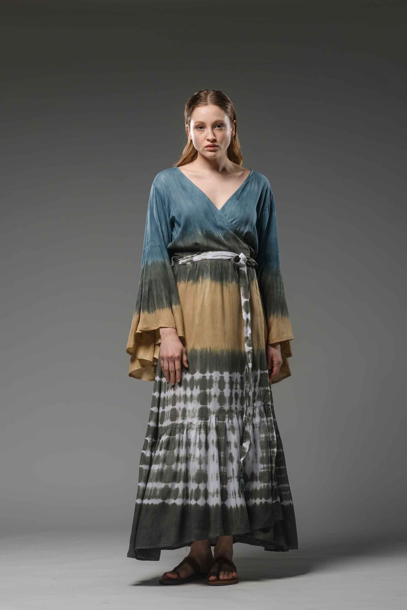 bohemian gypsy blue brown tie dye maxi wrap dress V-neckline, long bell sleeves and self tie belt