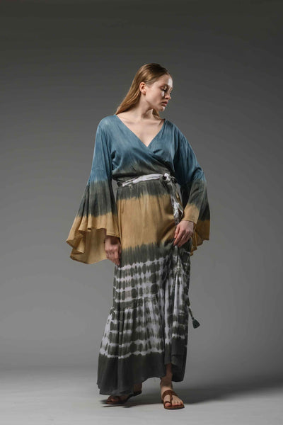 bohemian gypsy blue brown tie dye maxi wrap dress V-neckline, long bell sleeves and self tie belt