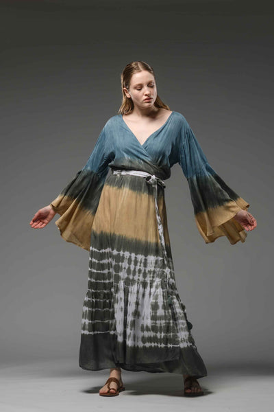 bohemian gypsy blue brown tie dye maxi wrap dress V-neckline, long bell sleeves and self tie belt