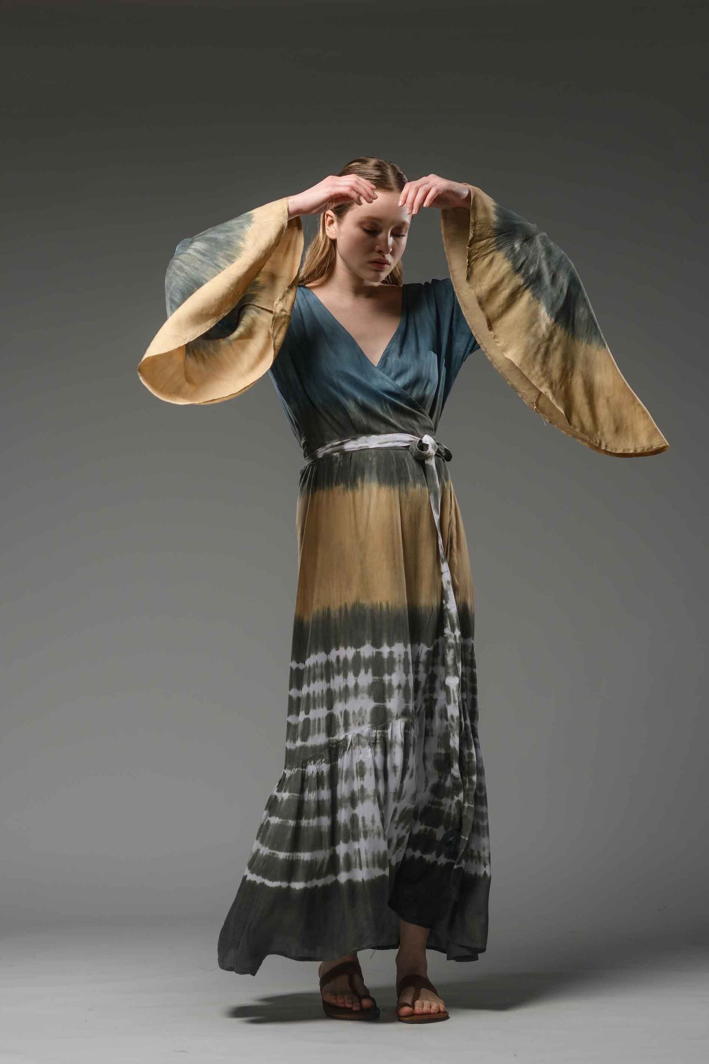 bohemian gypsy blue brown tie dye maxi wrap dress V-neckline, long bell sleeves and self tie belt