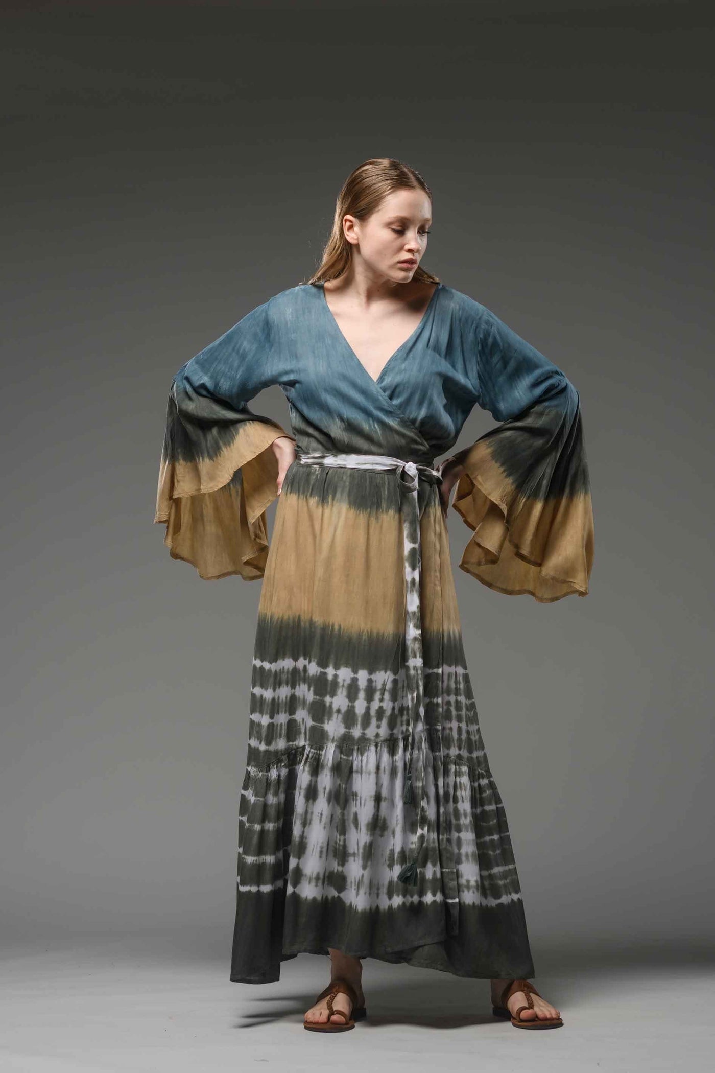 bohemian gypsy blue brown tie dye maxi wrap dress V-neckline, long bell sleeves and self tie belt