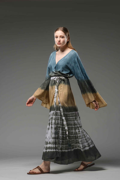 bohemian gypsy blue brown tie dye maxi wrap dress V-neckline, long bell sleeves and self tie belt