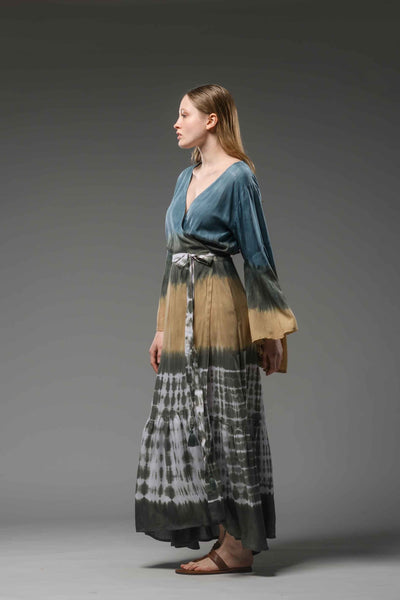 bohemian gypsy blue brown tie dye maxi wrap dress V-neckline, long bell sleeves and self tie belt