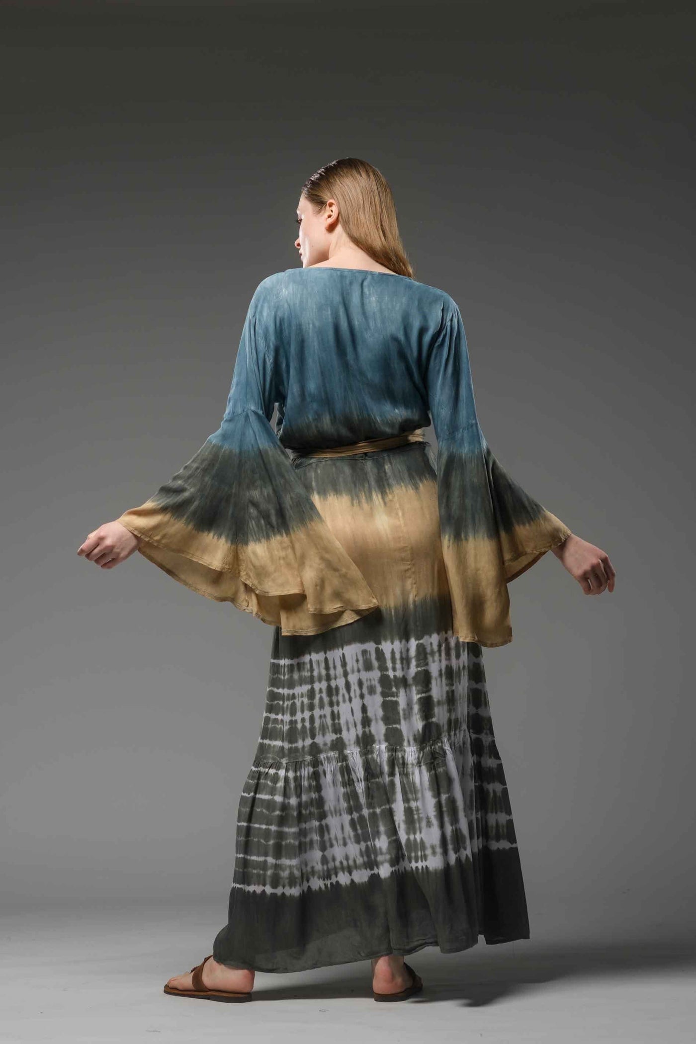 bohemian gypsy blue brown tie dye maxi wrap dress V-neckline, long bell sleeves and self tie belt