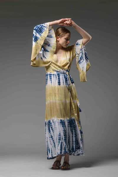 bohemian gypsy blue yellow tie dye maxi wrap dress V-neckline, long bell sleeves and self tie belt