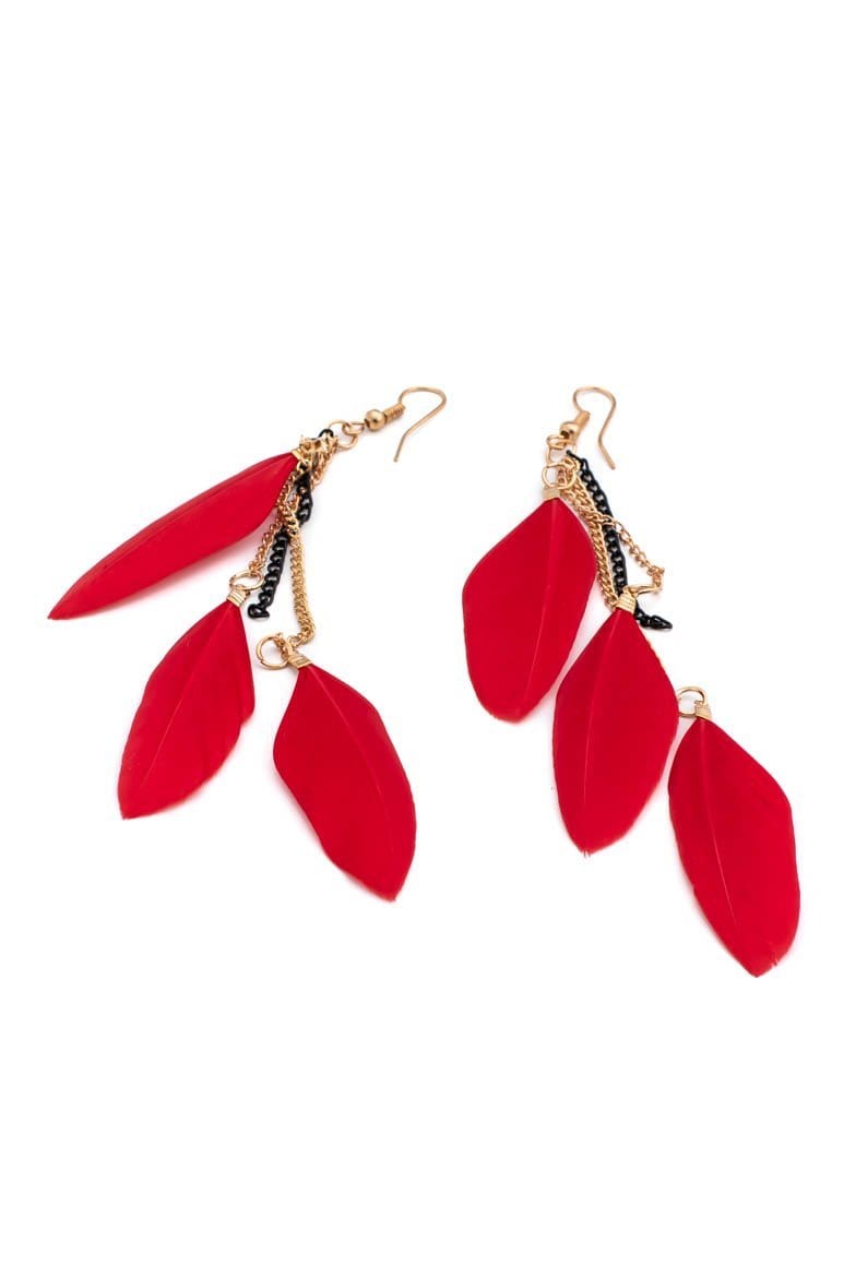 Boho chic feather earrings red - awatara