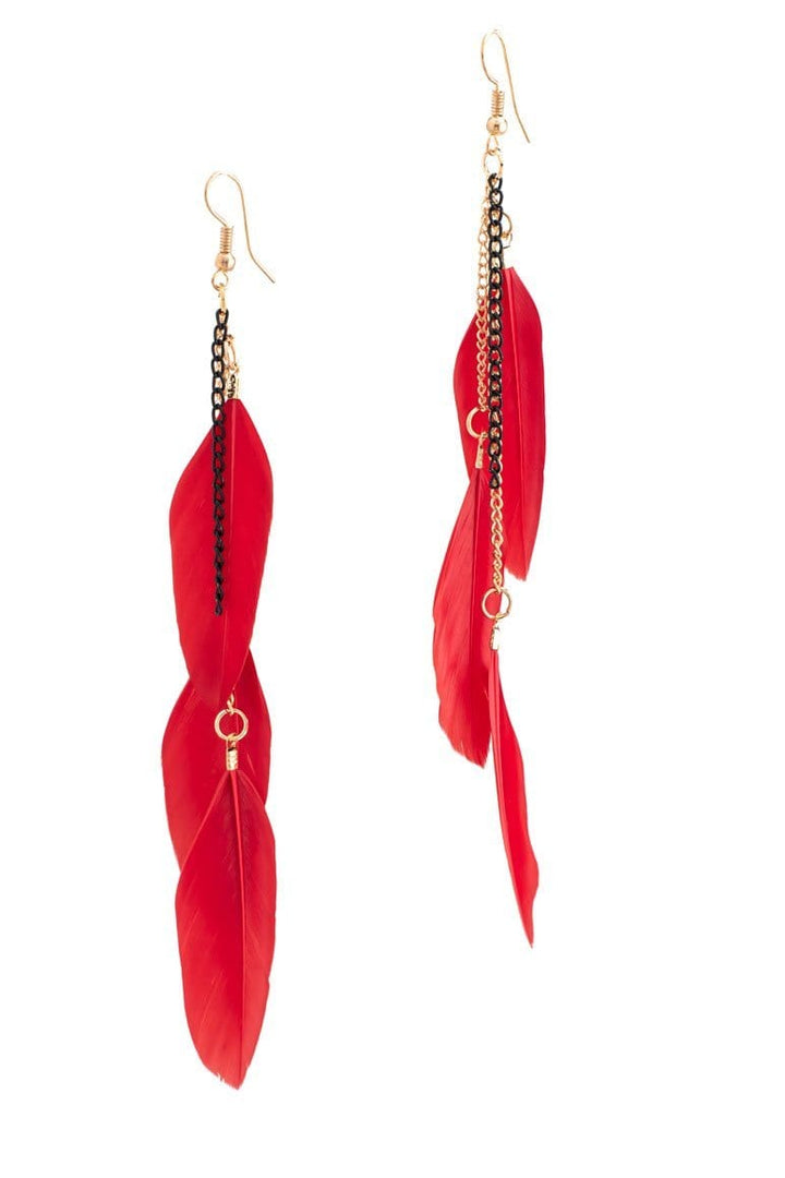 Boho chic feather earrings red - awatara