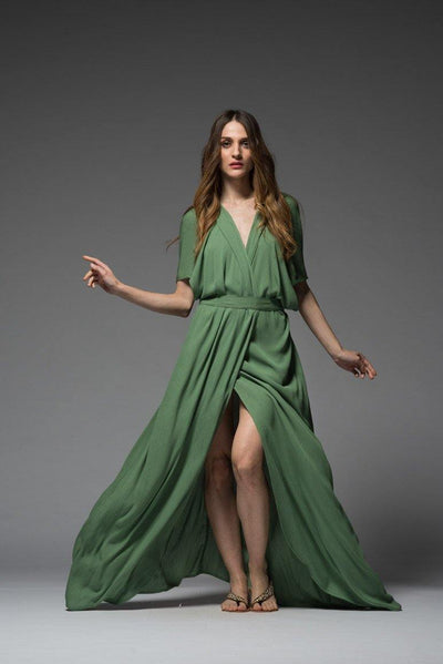 Green full length self tie waist one colour maxi wrap dress