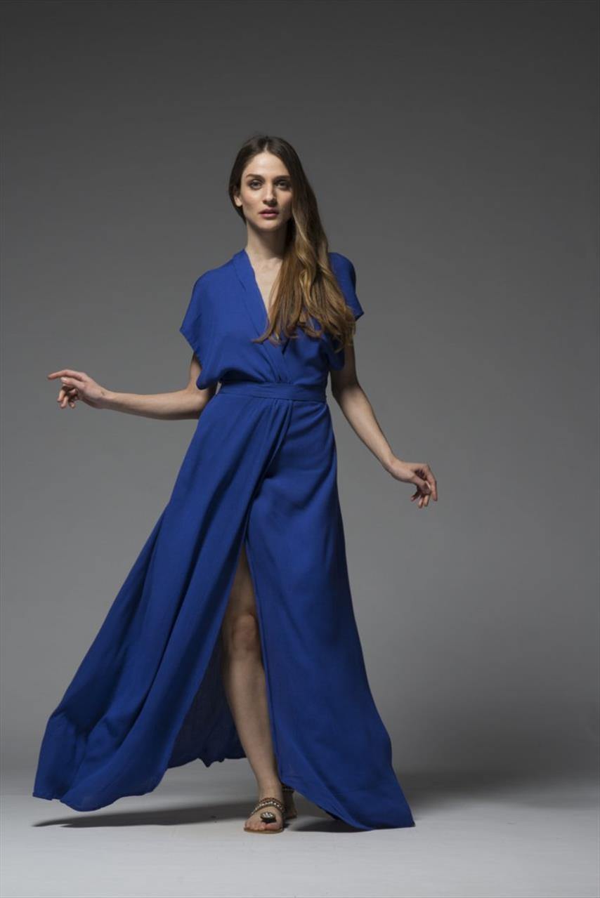 Blue wrap full length v-neckline maxi dress