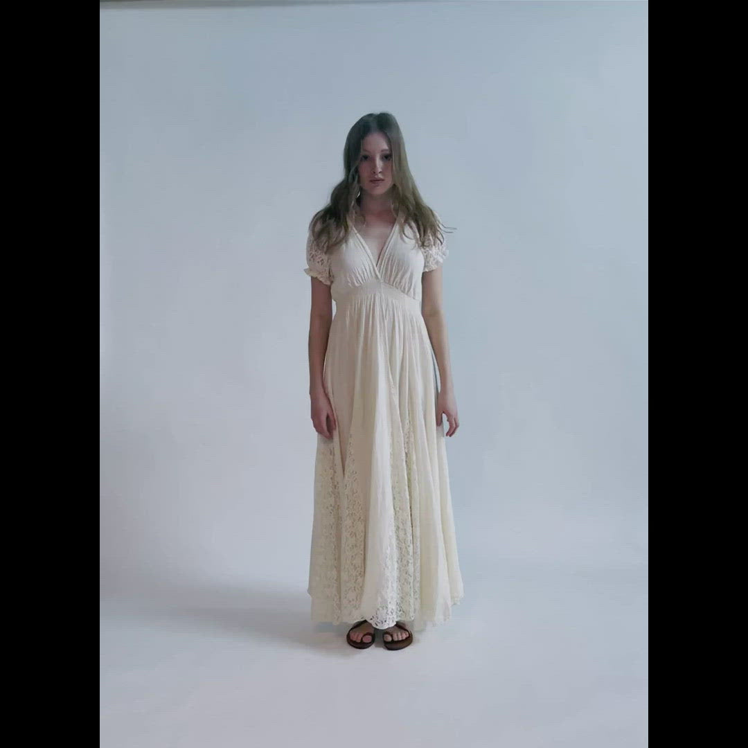 Beige cotton bohemian lace detail short sleeve maxi dress 
