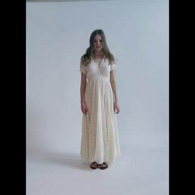 Beige cotton bohemian lace detail short sleeve maxi dress 
