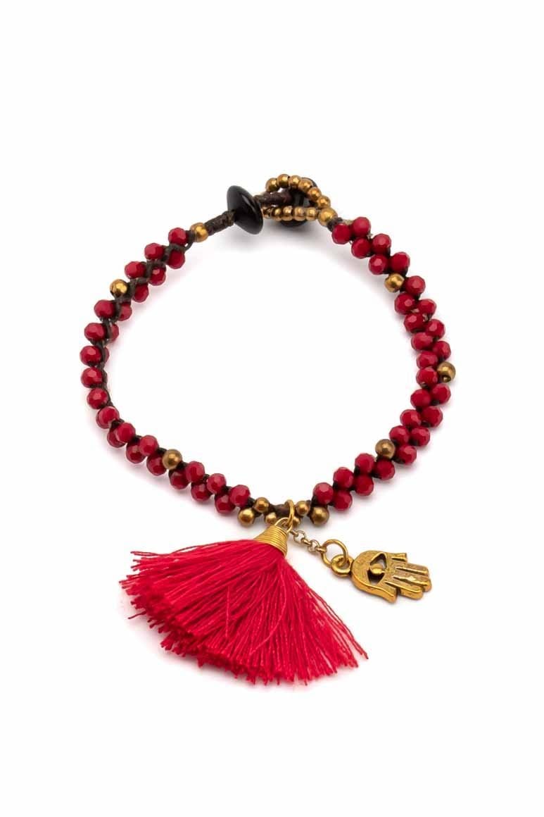 Crystal beads RED tassel bracelet - awatara