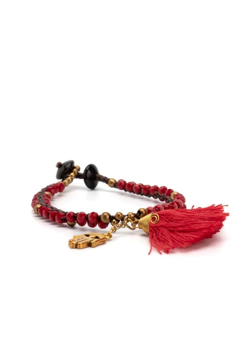 Crystal beads RED tassel bracelet - awatara