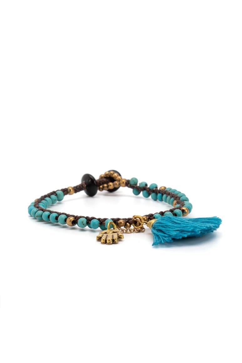 Boho chic handmade wax thread bracelet decorated with brass beads turquoise stones and tassel with hand shape pendant-awatara