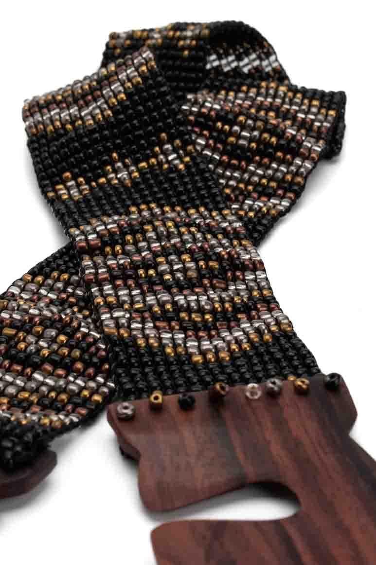 Handmade native design glass beads elastic belt in black color and wooden clasp