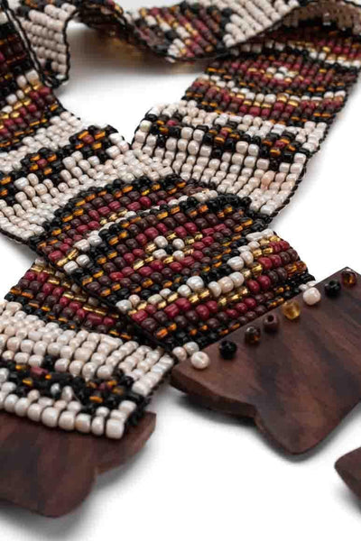Handmade native design glass beads elastic belt in beige brown colors and wooden clasp
