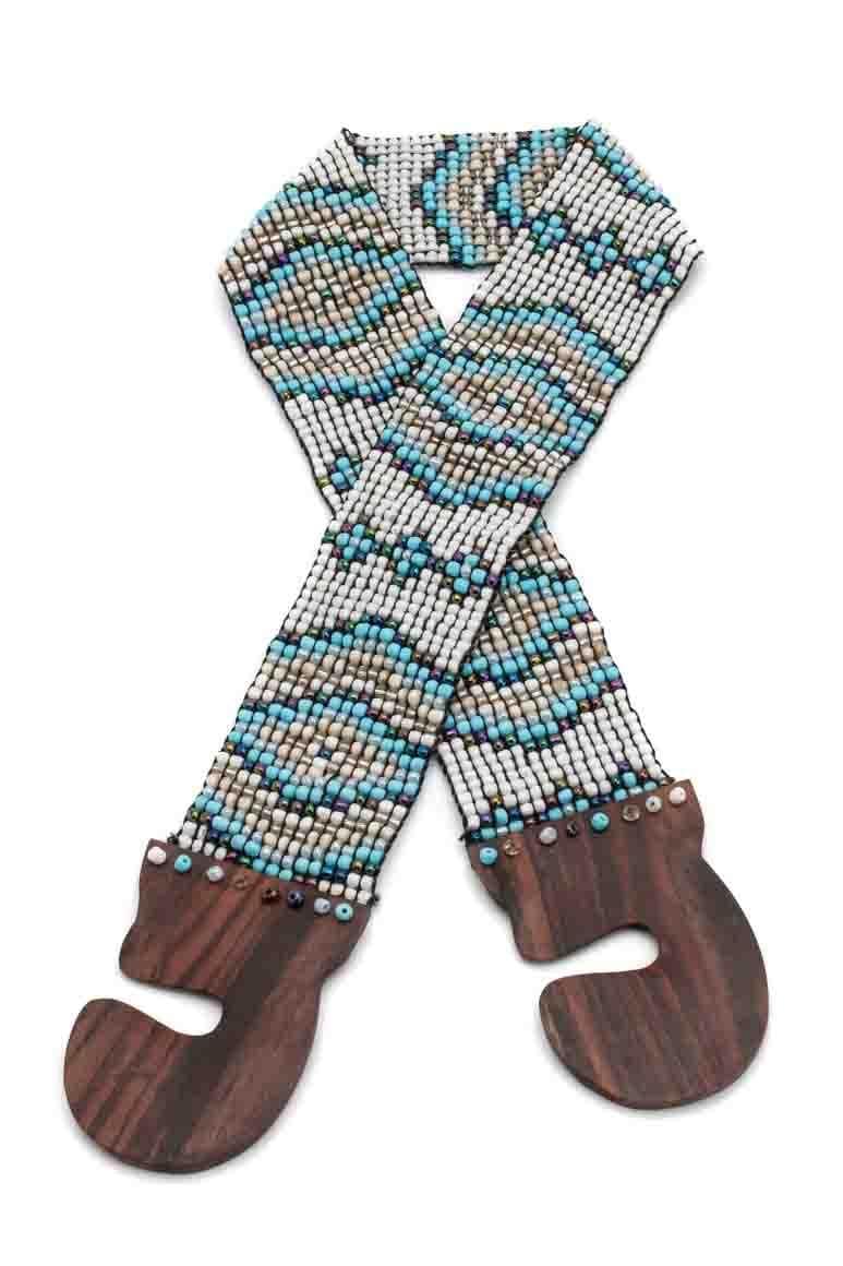 Handmade native design glass beads elastic belt in white turquoise colors and wooden clasp