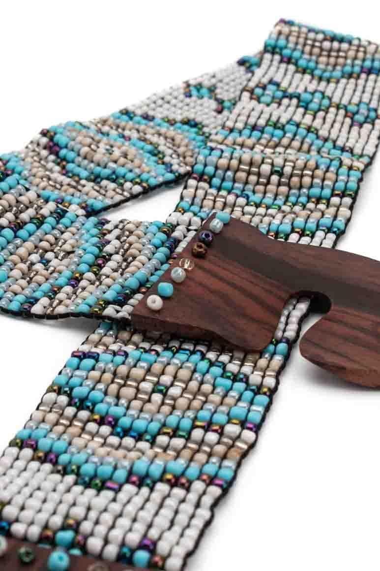 Handmade native design glass beads elastic belt in white turquoise colors and wooden clasp