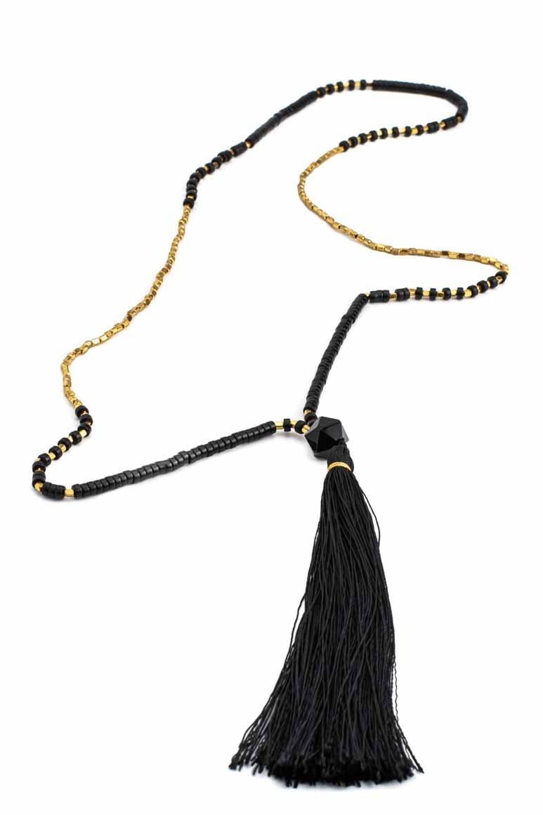 Elegant boho black tassel necklace - awatara