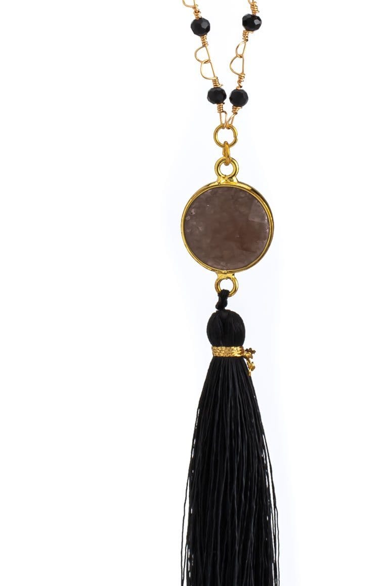 Elegant boho Stone tassel necklace black - awatara