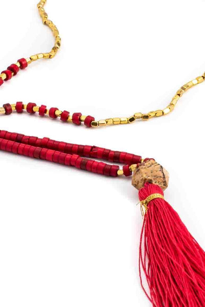 Elegant boho tassel red necklace - awatara