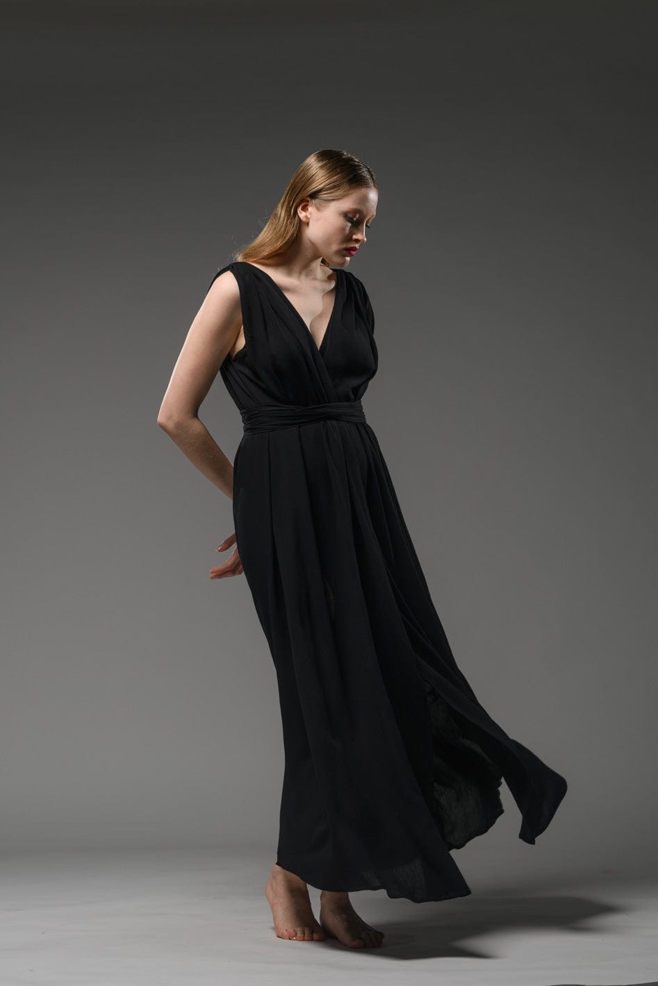 elegant classy resort wear black rayon crepe adjustable short sleeves self tie waist belt wrap maxi dress