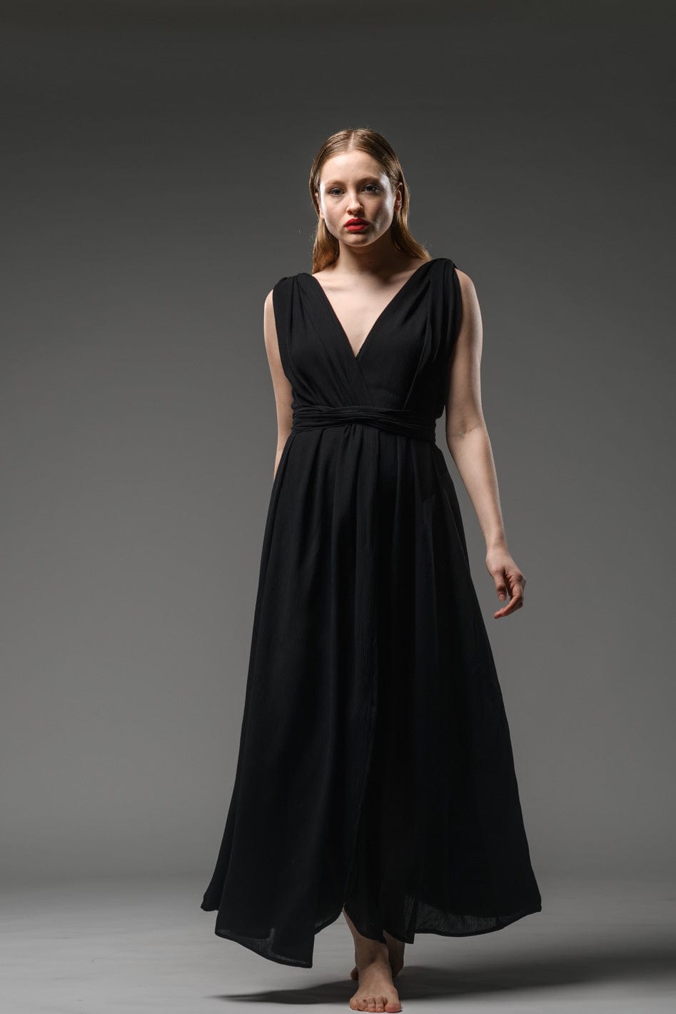 elegant classy resort wear black rayon crepe adjustable short sleeves self tie waist belt wrap maxi dress