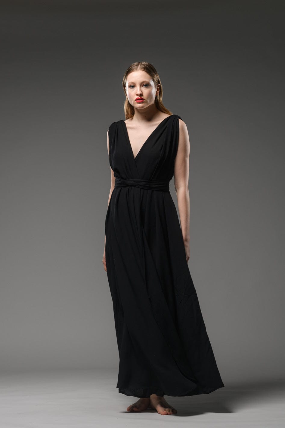 elegant classy resort wear black rayon crepe adjustable short sleeves self tie waist belt wrap maxi dress