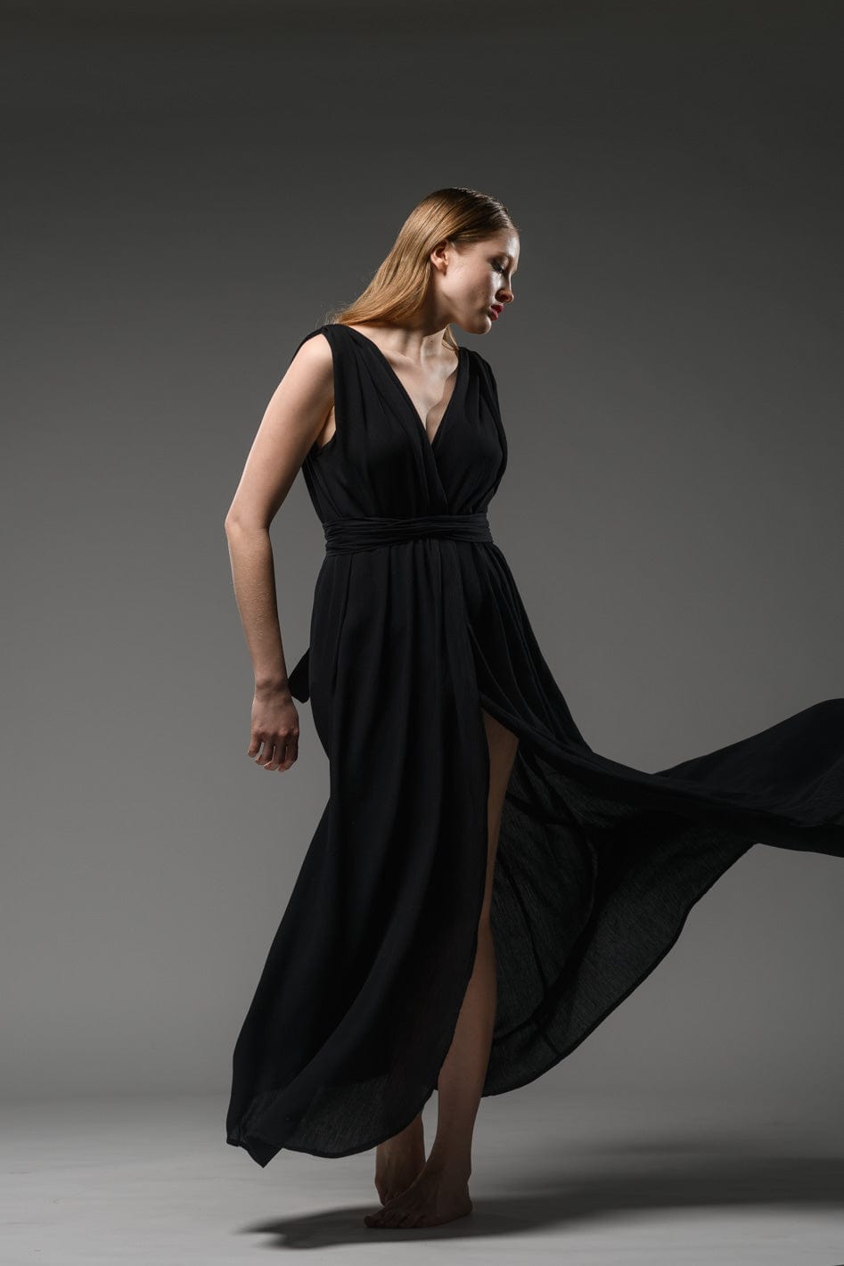 elegant classy resort wear black rayon crepe adjustable short sleeves self tie waist belt wrap maxi dress