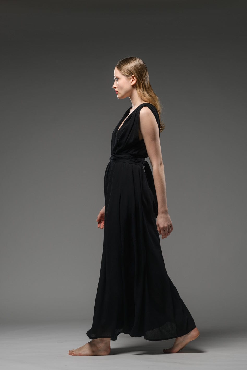 elegant classy resort wear black rayon crepe adjustable short sleeves self tie waist belt wrap maxi dress