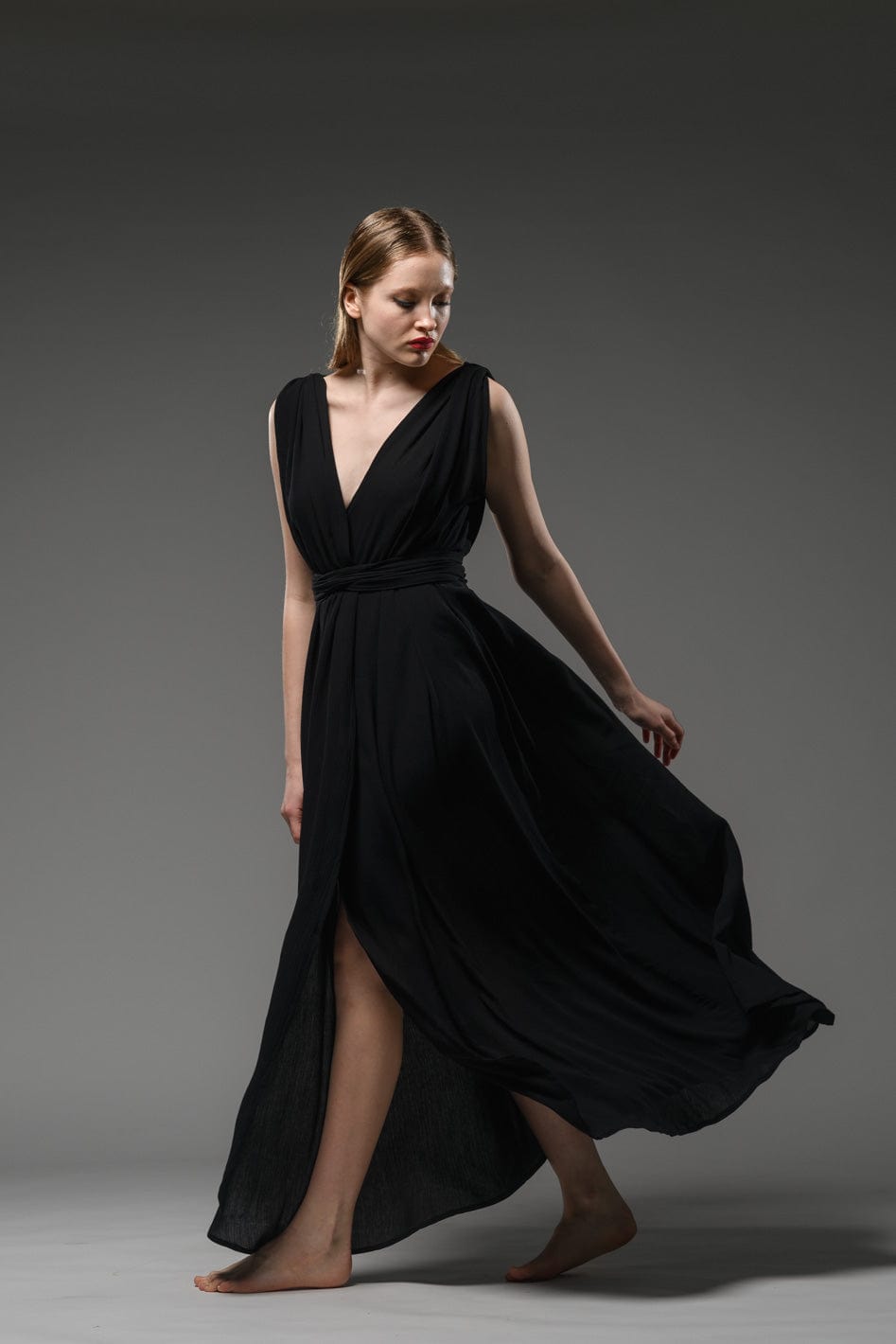 elegant classy resort wear black rayon crepe adjustable short sleeves self tie waist belt wrap maxi dress