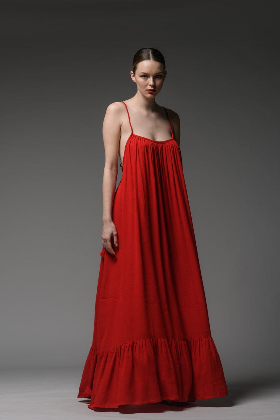 elegant classy resort wear red rayon crepe  backless spaghetti cross back strap scoop neck  maxi dress