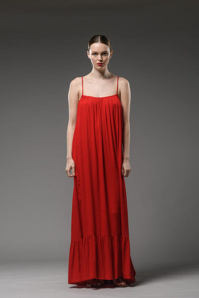 elegant classy resort wear red rayon crepe  backless spaghetti cross back strap scoop neck  maxi dress