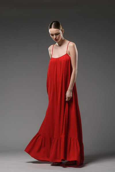 elegant classy resort wear red rayon crepe  backless spaghetti cross back strap scoop neck  maxi dress