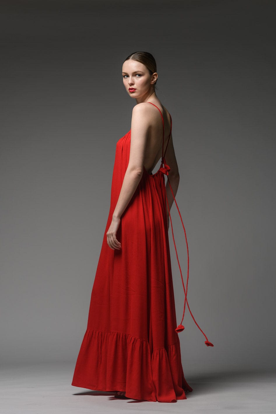 elegant classy resort wear red rayon crepe  backless spaghetti cross back strap scoop neck  maxi dress